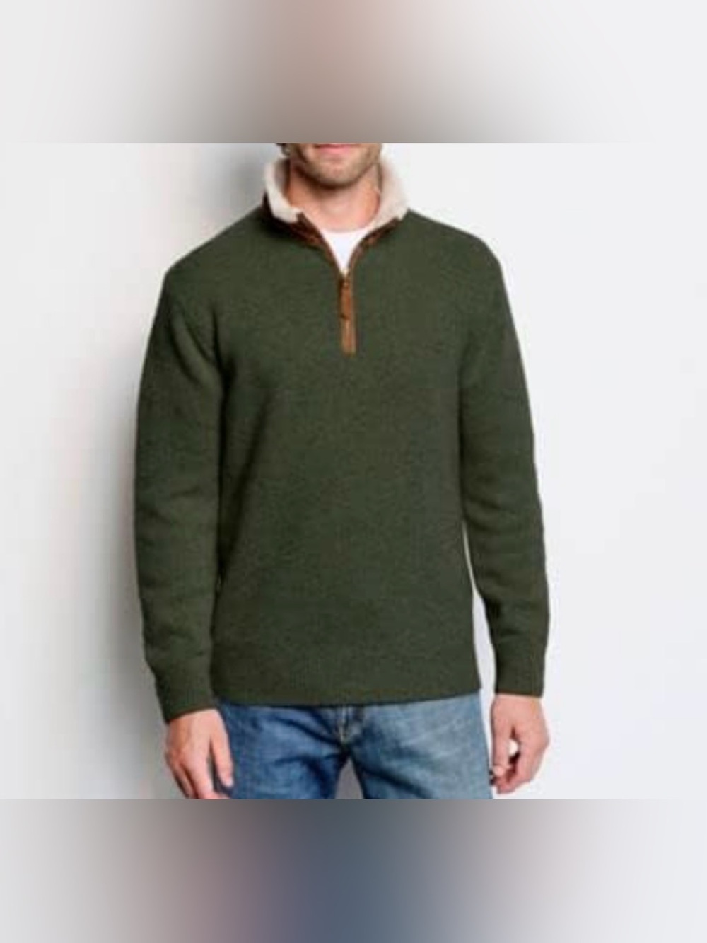 Orvis Olive Green 100% LambsWool Zip-Neck Sweater with Brown Trim